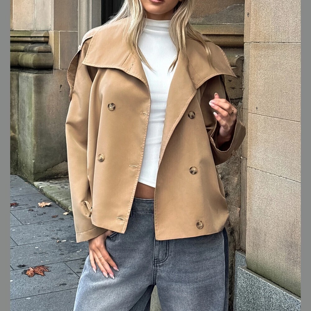 Tan Double Breasted Cropped Trench Coat Jacket with Oversized Collar